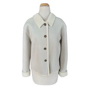 B.C. CLOTHING Faux Suede Short Jacket Size M Ivory Sherpa Lining Button-Up